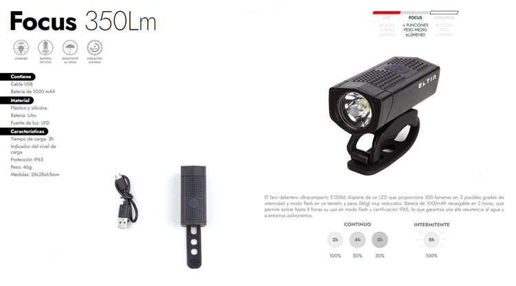 FARO BICICLETA ELTIN DELANTERO FOCUS 350 LUMENES USB